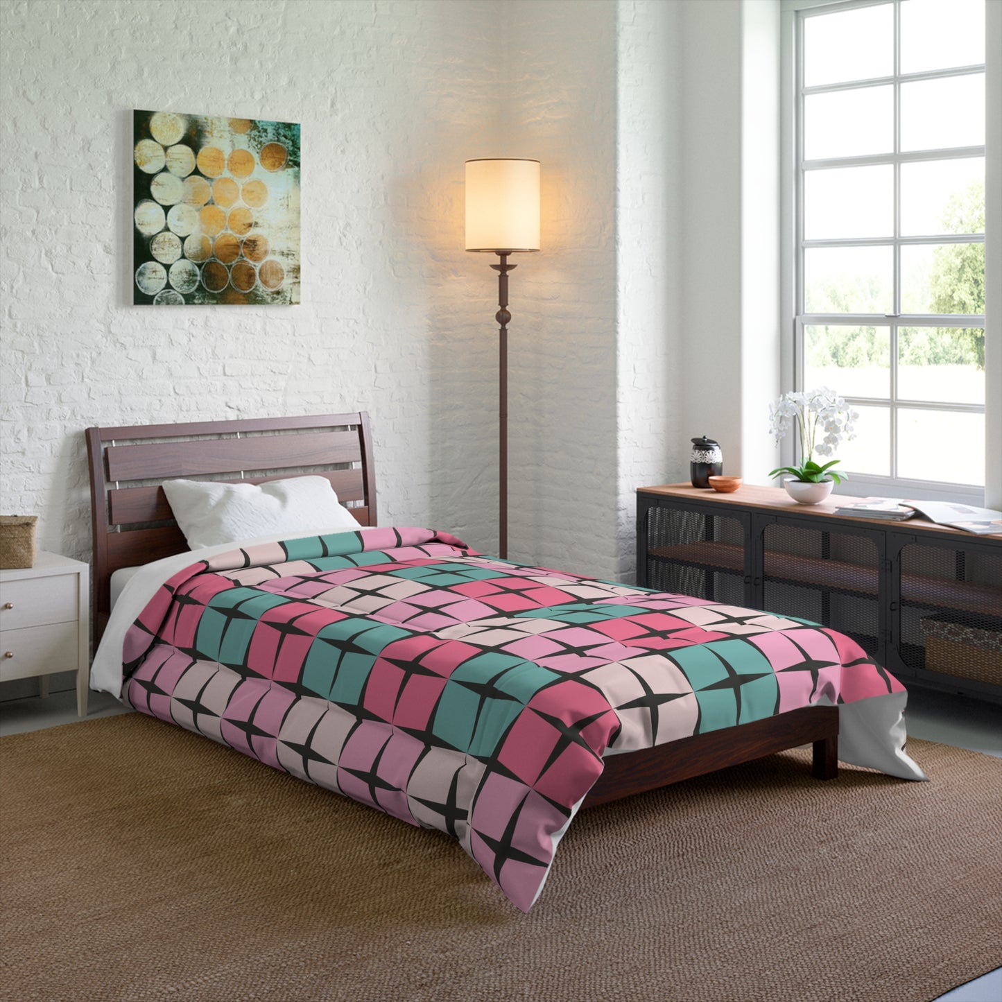 Palm Springs Bedding Retro Inspired 50s 60s Atomic Star Mid Century Mod Pink & Turquoise Blue Comforter
