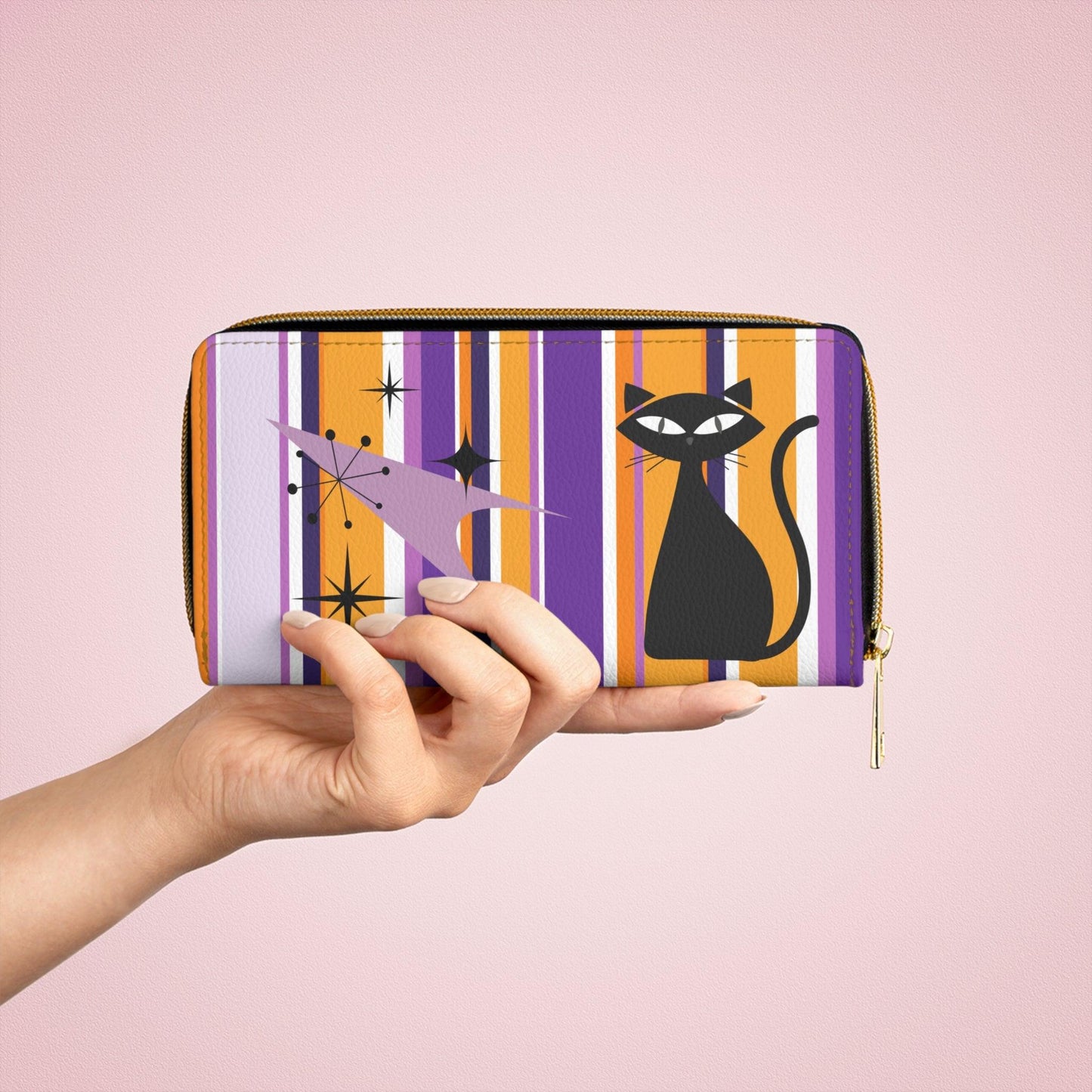 Retro 50s Atomic Cat, Boomerang & Starbursts MCM Purple, Orange, Black Zipper Wallet | lovevisionkarma.com