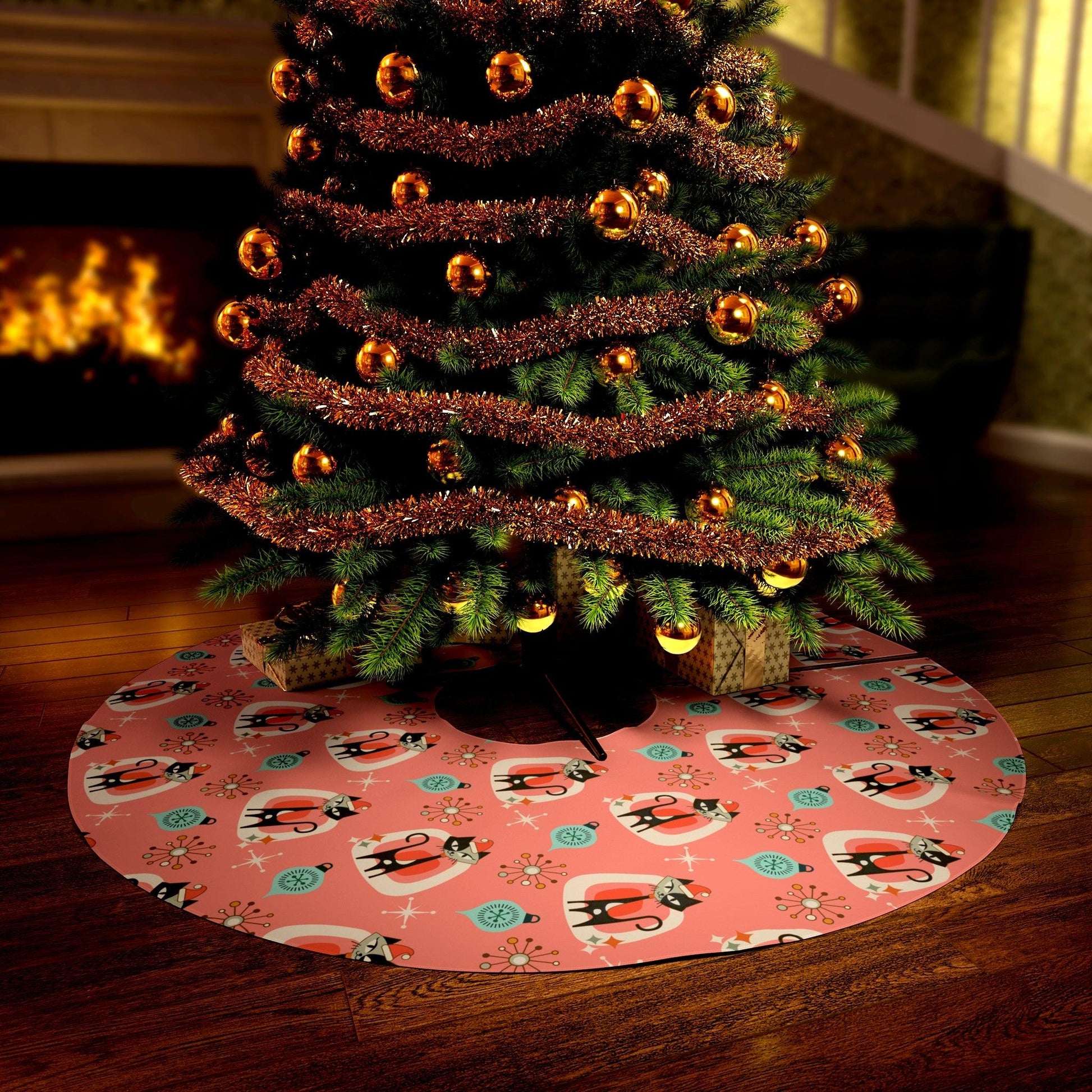 Retro 50s Atomic MCM Cats in Santa Hats & Starbursts Coral Pink Christmas Tree Skirt | lovevisionkarma.com