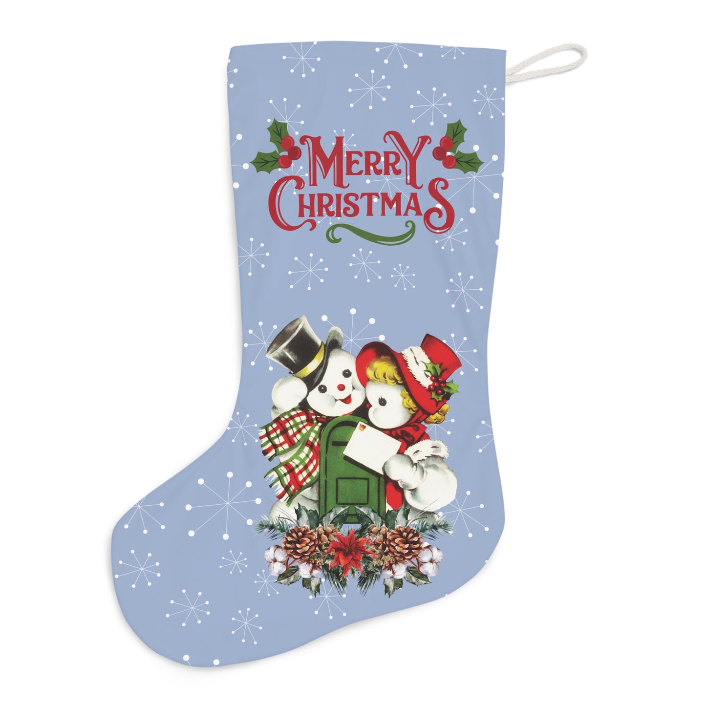 Retro 50's Vintage Snowman Couple, Atomic Burst MCM Blue Christmas Stocking