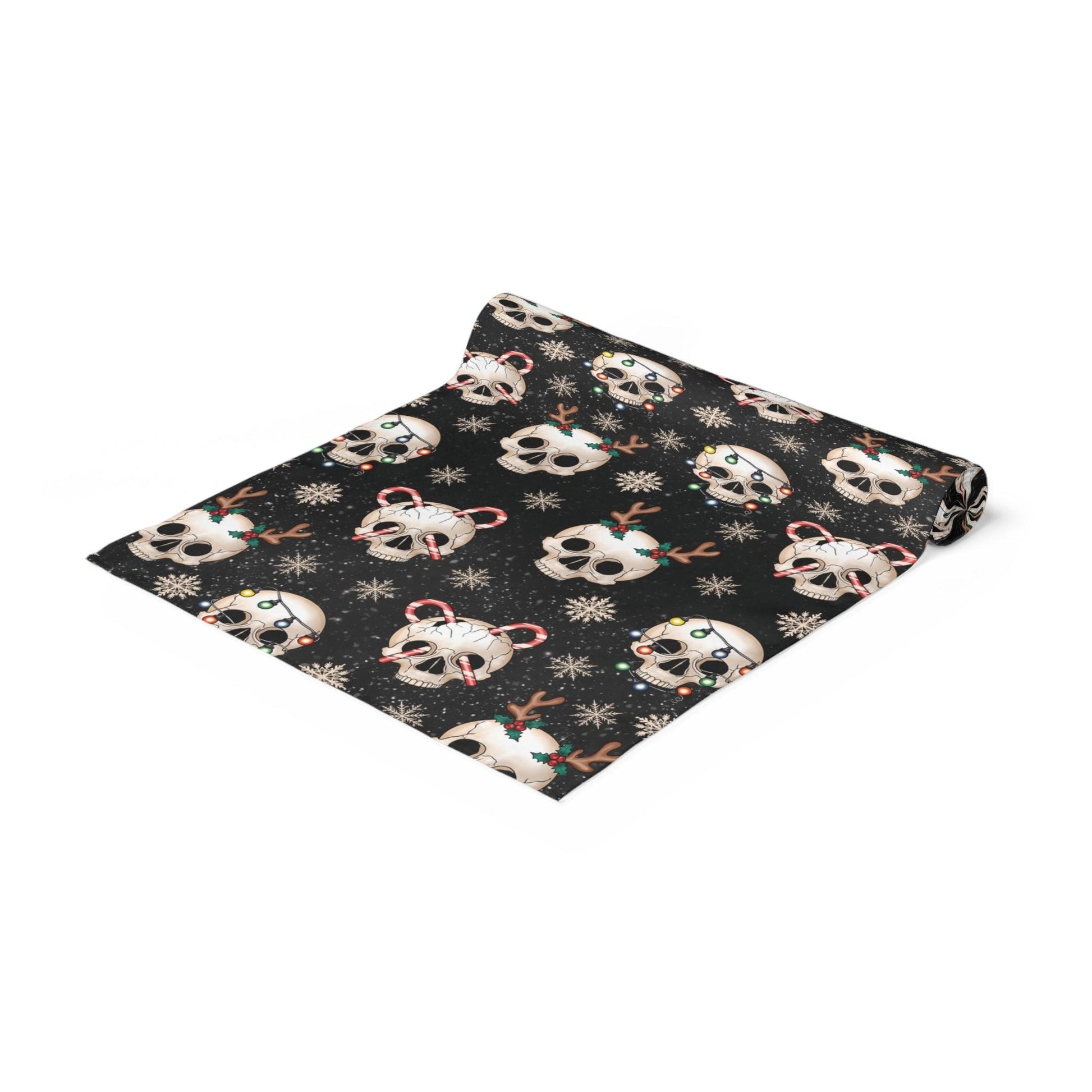 Goth Christmas Skull, Kitschy Creepmas Whimsical Gothmas, Black Holiday Table Runner | lovevisionkarma.com