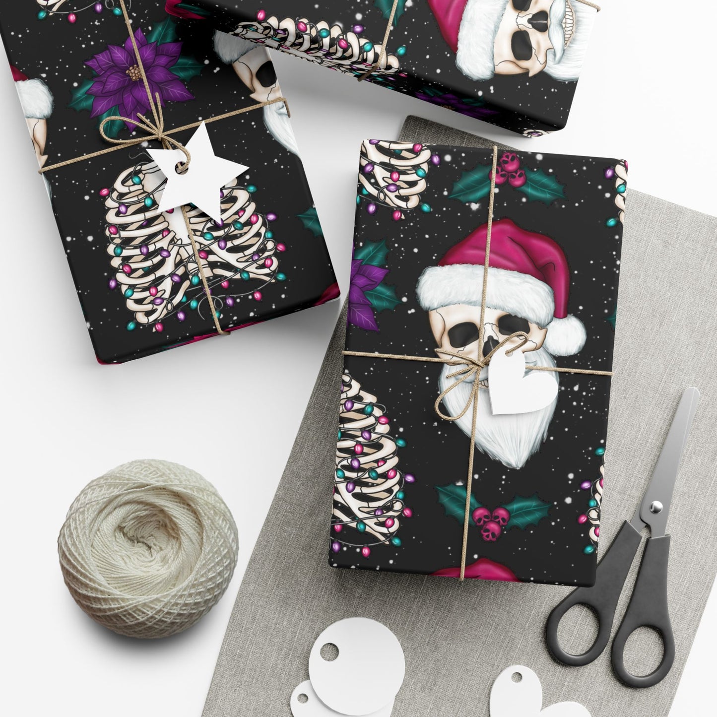 Santa Skull Goth Christmas Eco-Friendly Black Wrapping Paper, Kitschy Creepmas Whimsigoth