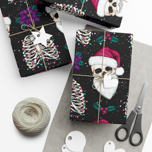 Santa Skull Goth Christmas Eco-Friendly Black Wrapping Paper, Kitschy Creepmas Whimsigoth