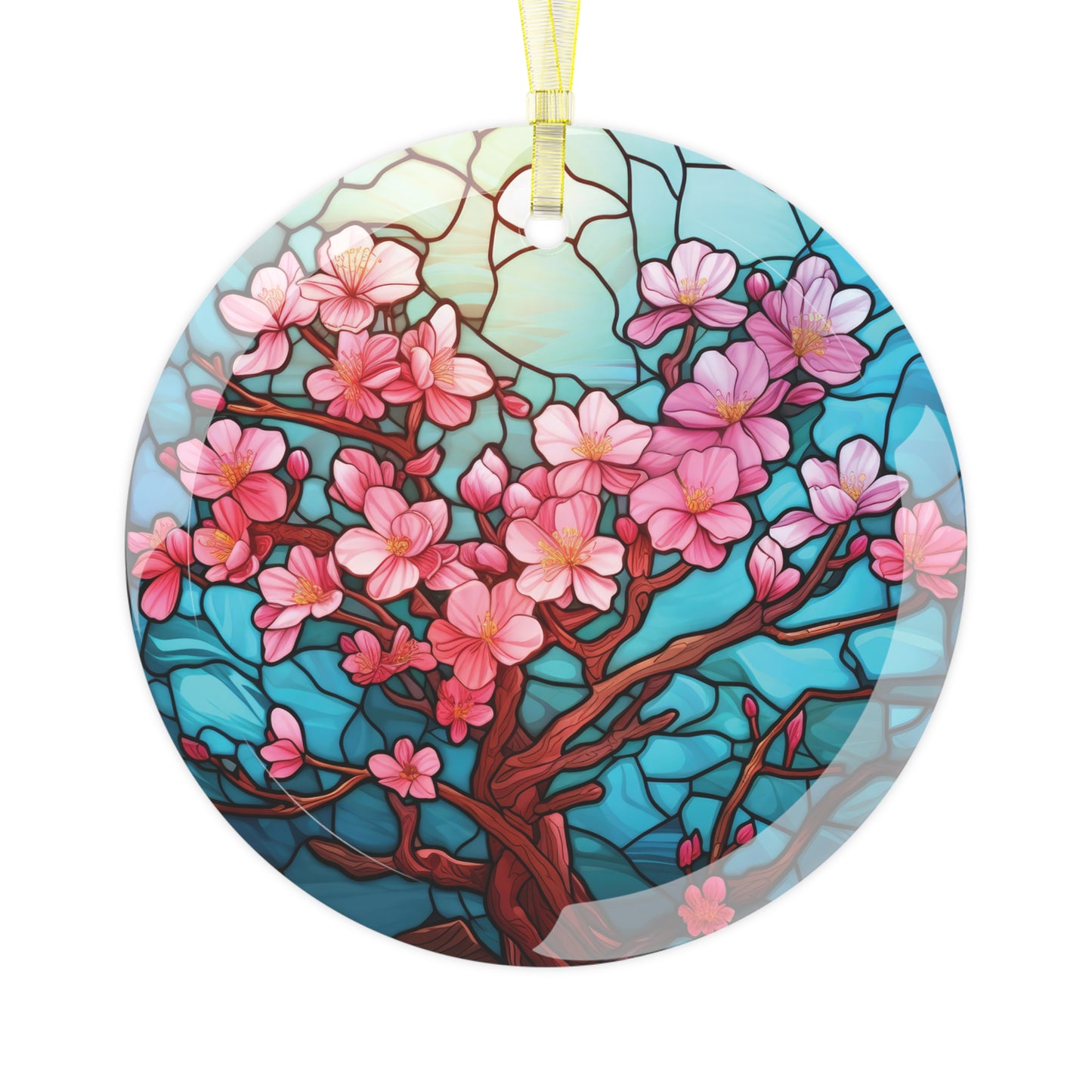 Japanese Sakura Blooming Cherry Blossom Tree, Stained Glass Inspired Colorful Glass Ornament