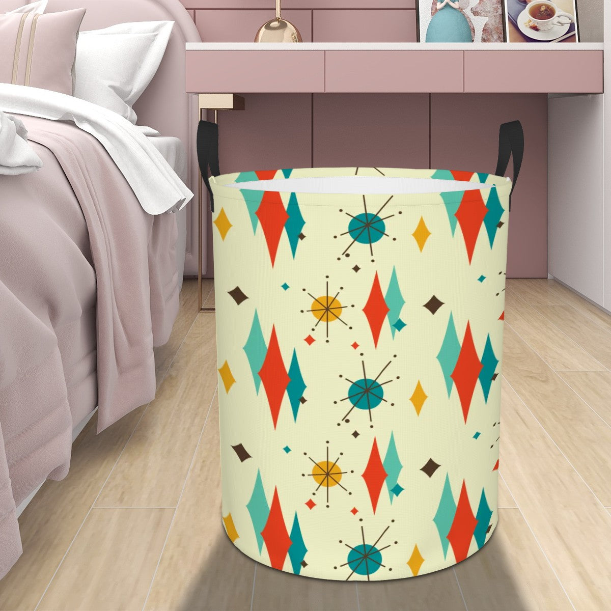 Retro 1950's Atomic Diamond and Starburst Colorful Mid Century Modern Round Laundry Hamper