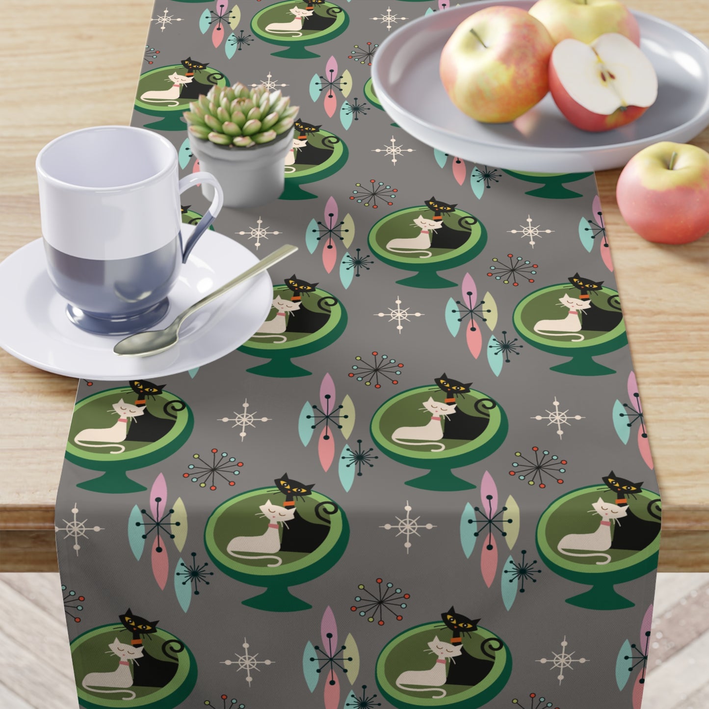 Retro 50s Atomic Cats Space Age, Mid Century Modern Gray Table Runner