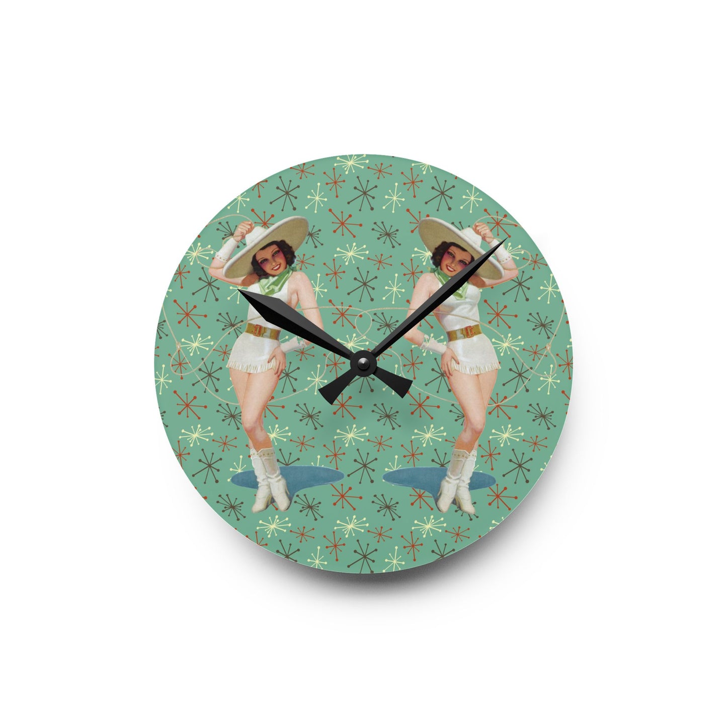 Retro Pin Up Girls Double Trouble Cowgirls Mid Century Mod Acrylic Wall Clock