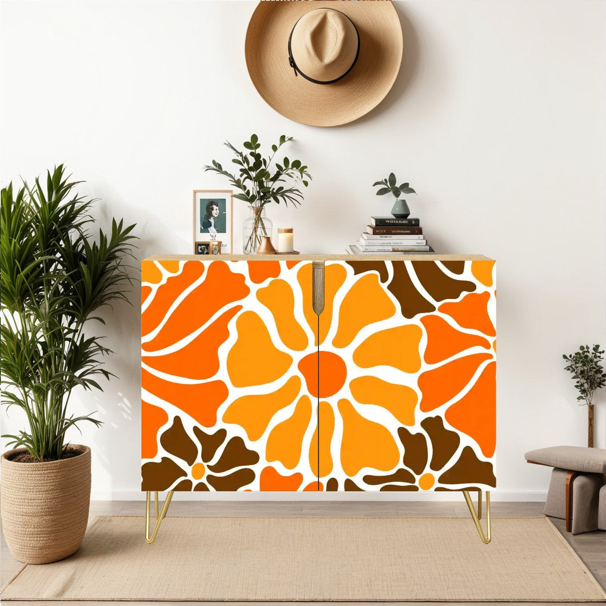 Retro 60s 70s Groovy Mod Minimalist Orange and Brown Flowers Mid Century Modern Sideboard, Credenza, Wooden Storage Cabinet