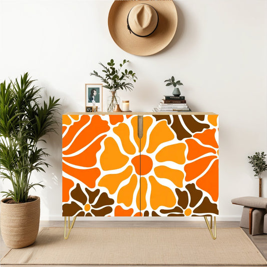 Retro 60s 70s Groovy Mod Minimalist Orange and Brown Flowers Mid Century Modern Sideboard, Credenza, Wooden Storage Cabinet