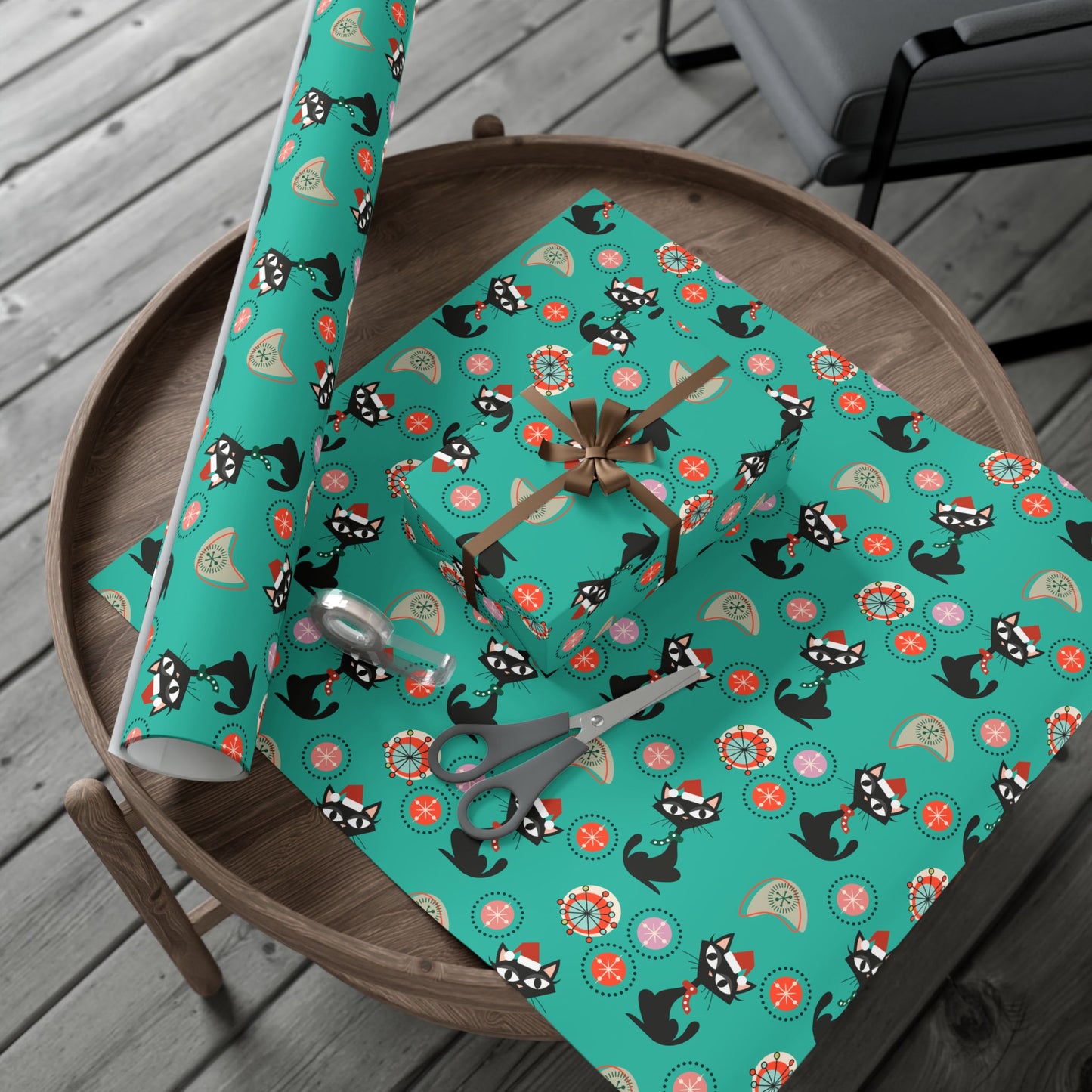 Retro 50's Atomic Cat Christmas Kitschy Mid Century Modern Teal Blue Eco-Friendly Wrapping Paper