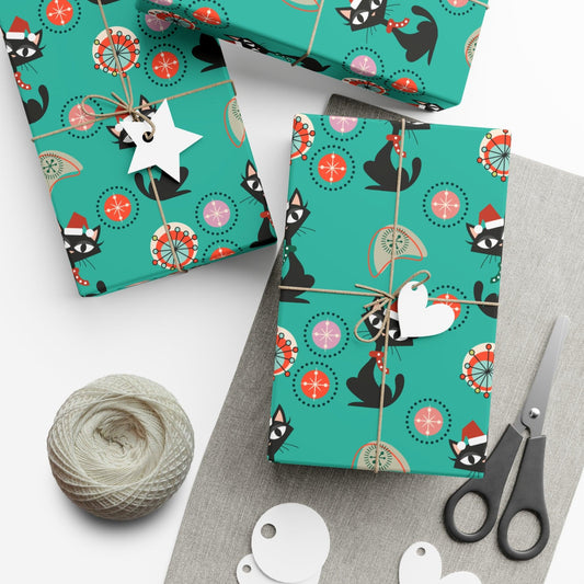 Retro 50's Atomic Cat Christmas Kitschy Mid Century Modern Teal Blue Eco-Friendly Wrapping Paper | lovevisionkarma.com
