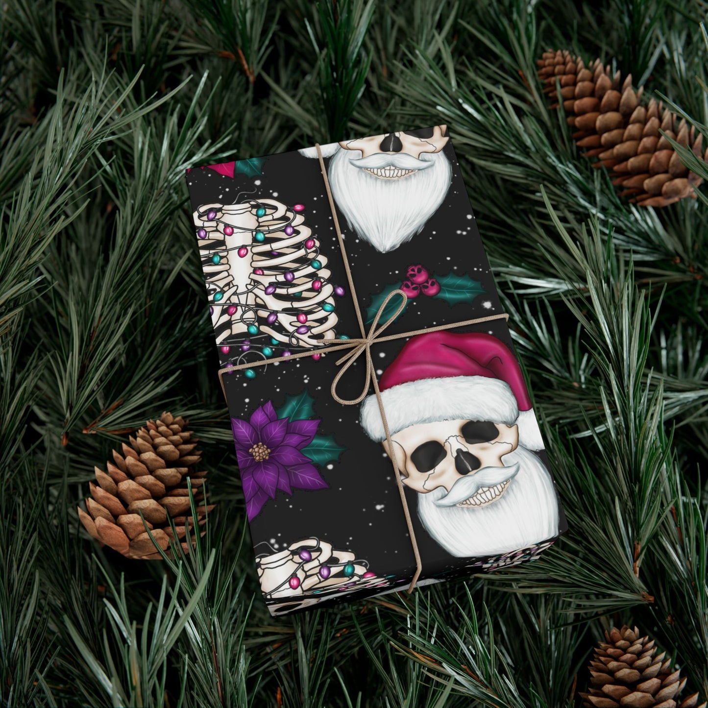 Santa Skull Goth Christmas Eco-Friendly Black Wrapping Paper, Kitschy Creepmas Whimsigoth