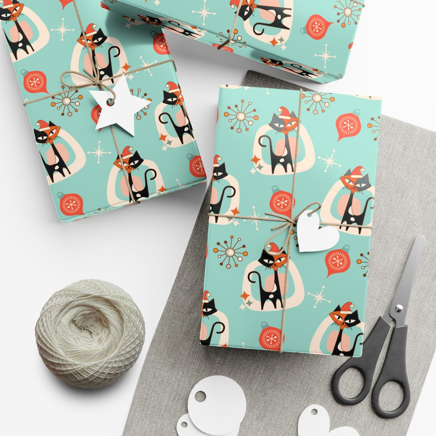 Retro 50's Atomic Cat & Starbursts Kitschy Christmas Mid Century Modern Blue Eco-Friendly Wrapping Paper