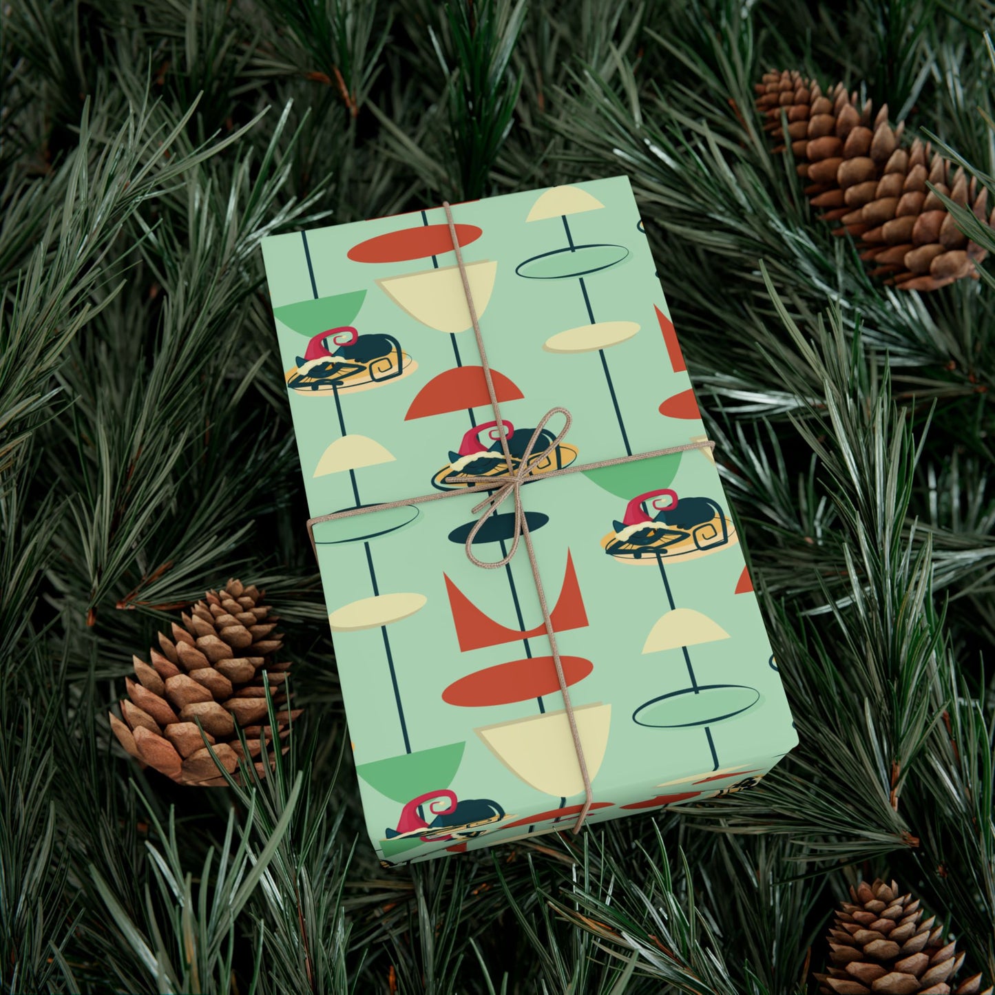 Retro 50's Atomic Cat Christmas Kitschy Mid Century Modern Green Eco-Friendly Wrapping Paper