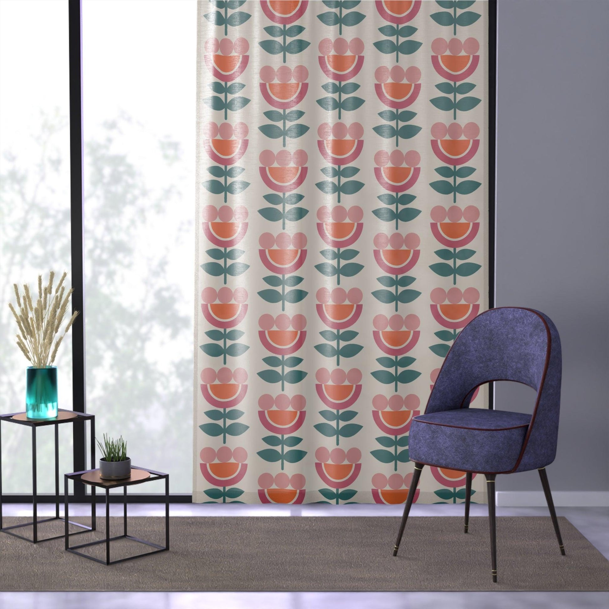 Retro Danish Flowers Scandinavian MCM Orange, Pink, Beige Sheer Window Curtain | lovevisionkarma.com
