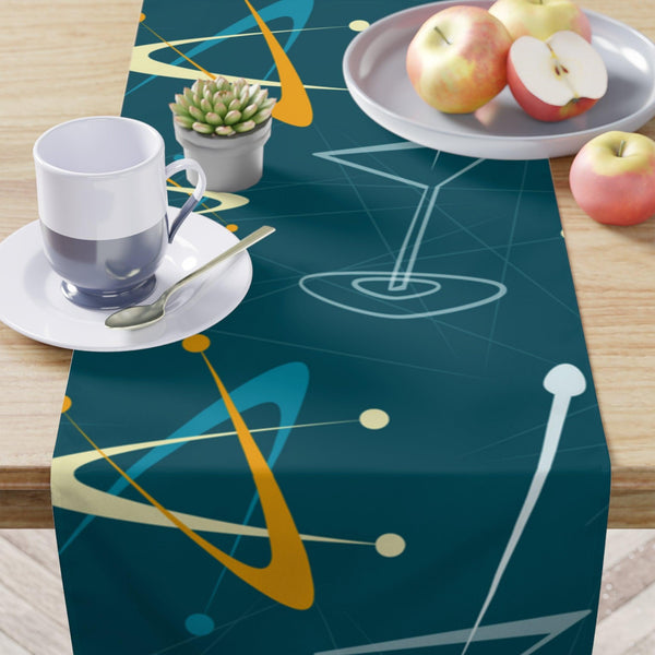 Atomic Mid Century Modern Table Runner Dark Blue Martini & Boomerang Retro Table Linens | lovevisionkarma.com