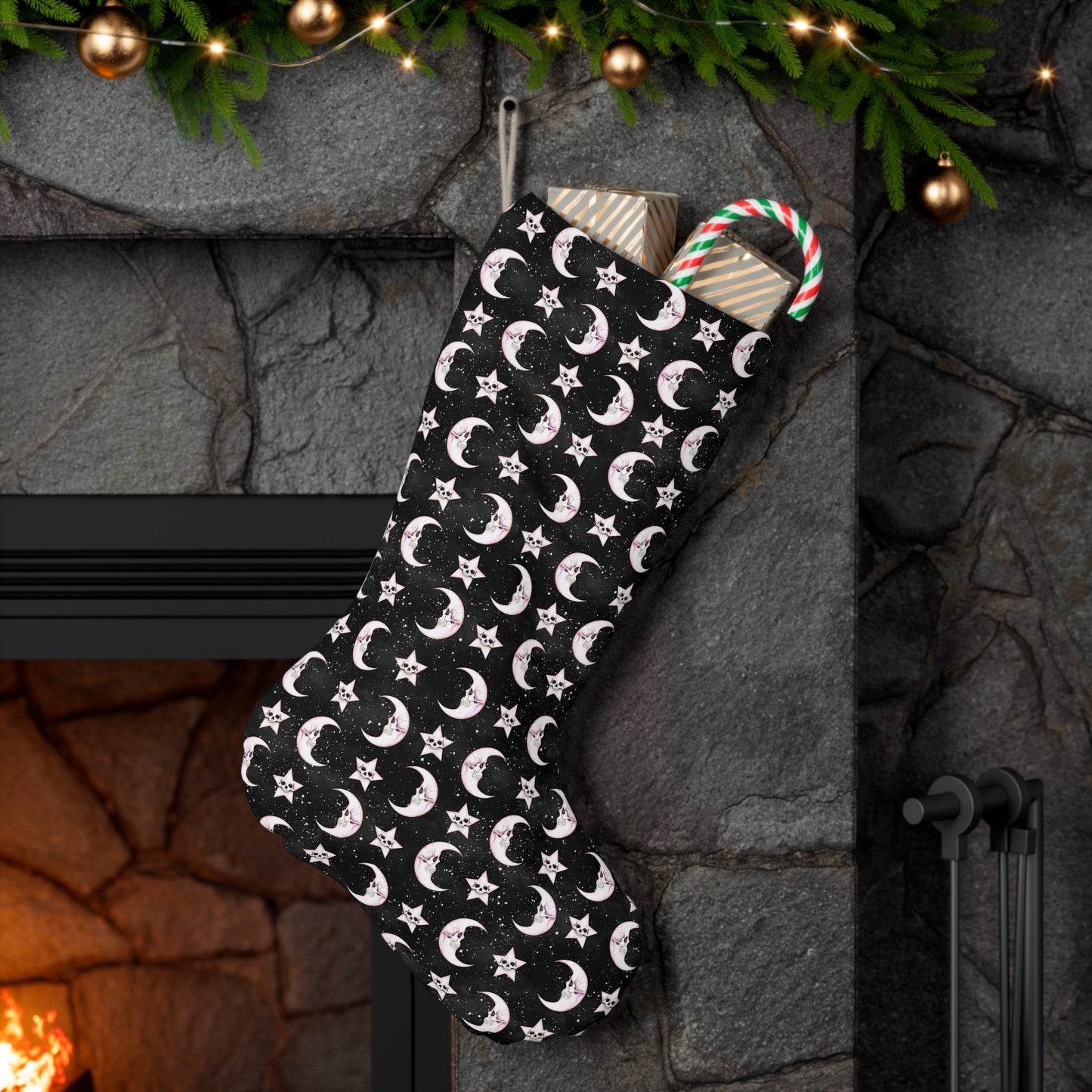 Goth Christmas Skull Stars and Moons Celestial Creepmas Black Holiday Stocking