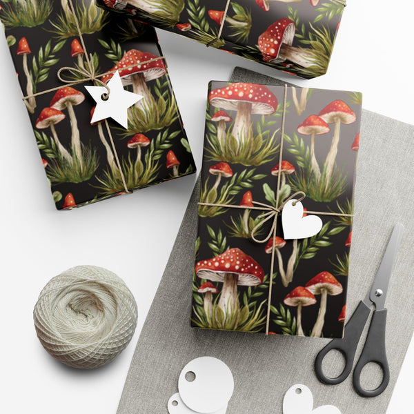 Amanita Muscaria Mushroom, Dark Cottagecore Watercolor Style Black, Red & Green Eco-Friendly Gift Wrap | lovevisionkarma.com