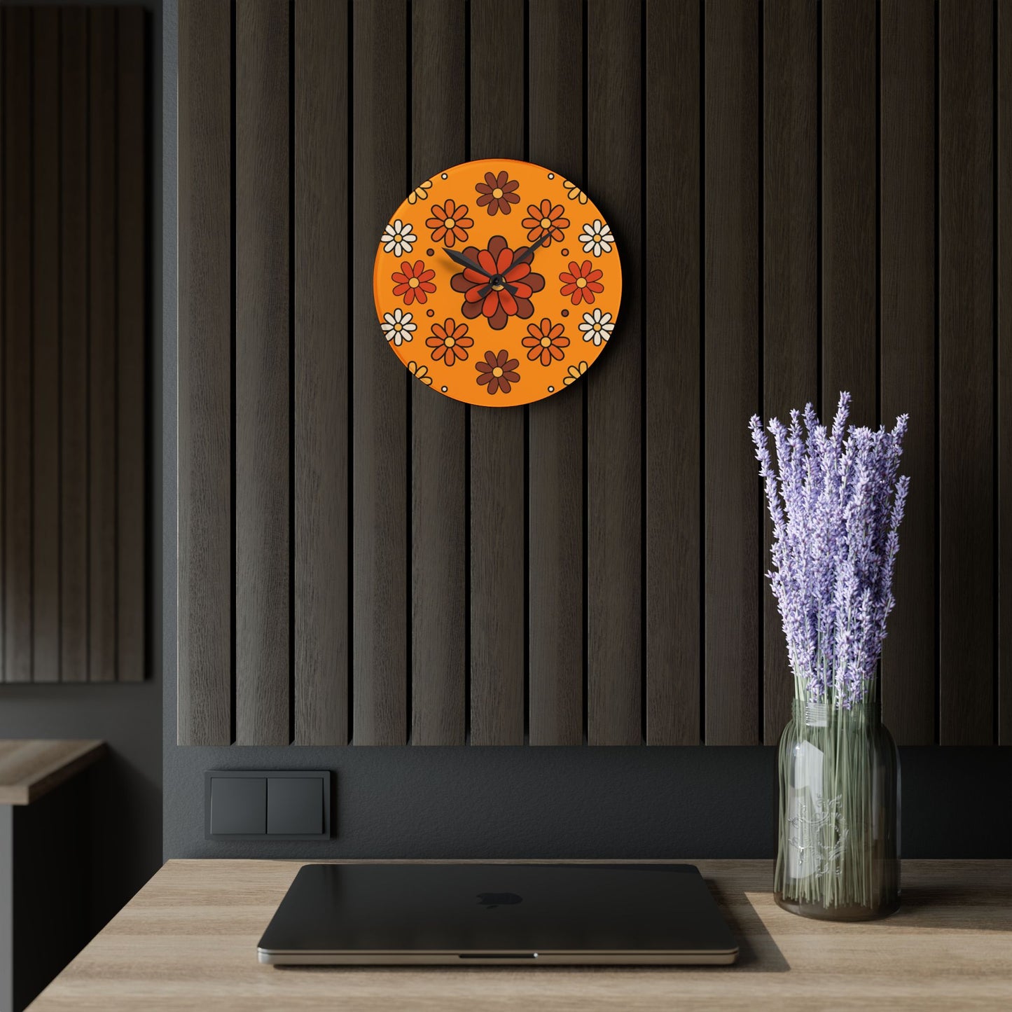 Retro 60s 70s Groovy Mod Daisy Floral Mid Century Orange & Brown Acrylic Wall Clock