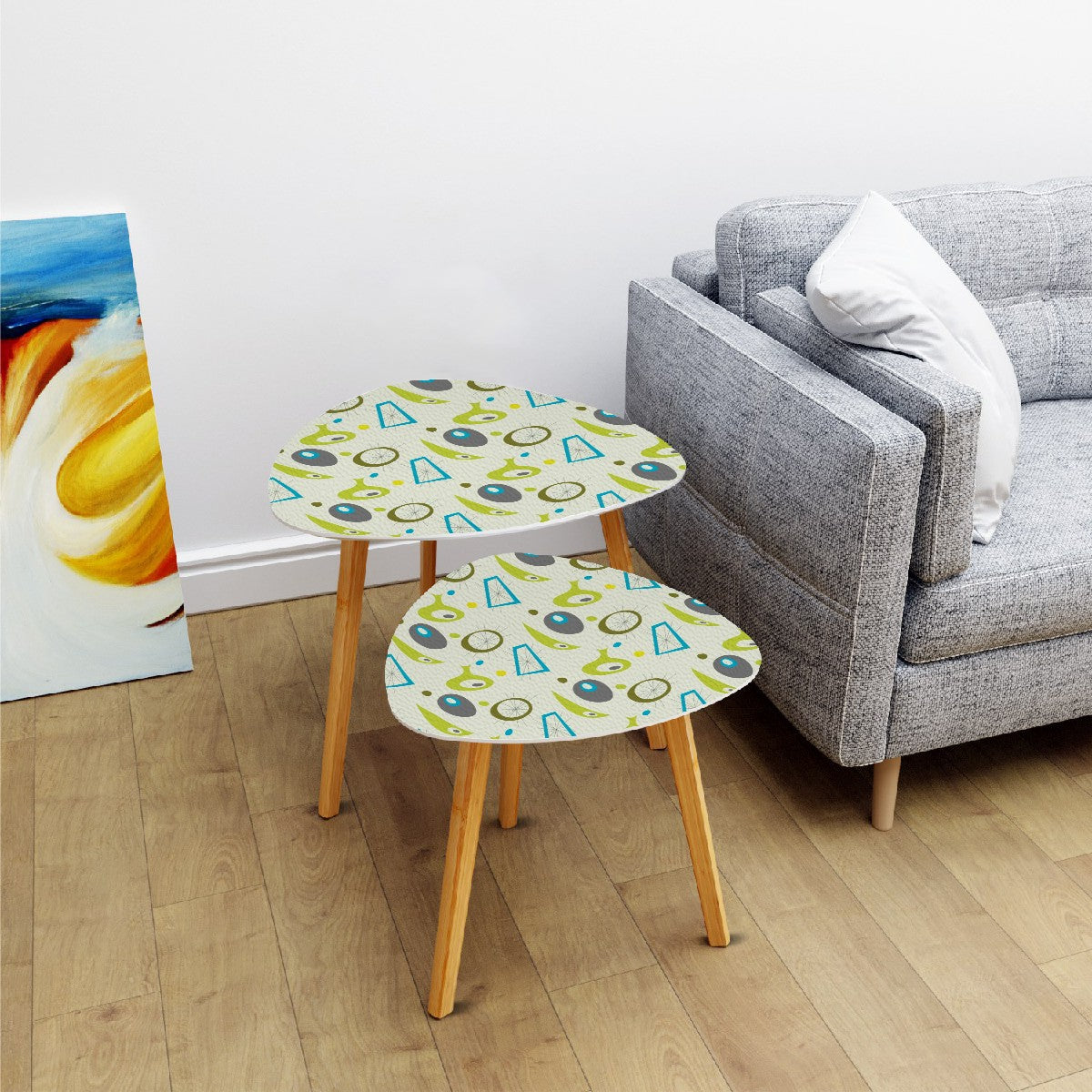 Retro 50s Atomic Age Abstract Alien & Starburst Mid Century Mod Green & Blue Nesting Accent Tables