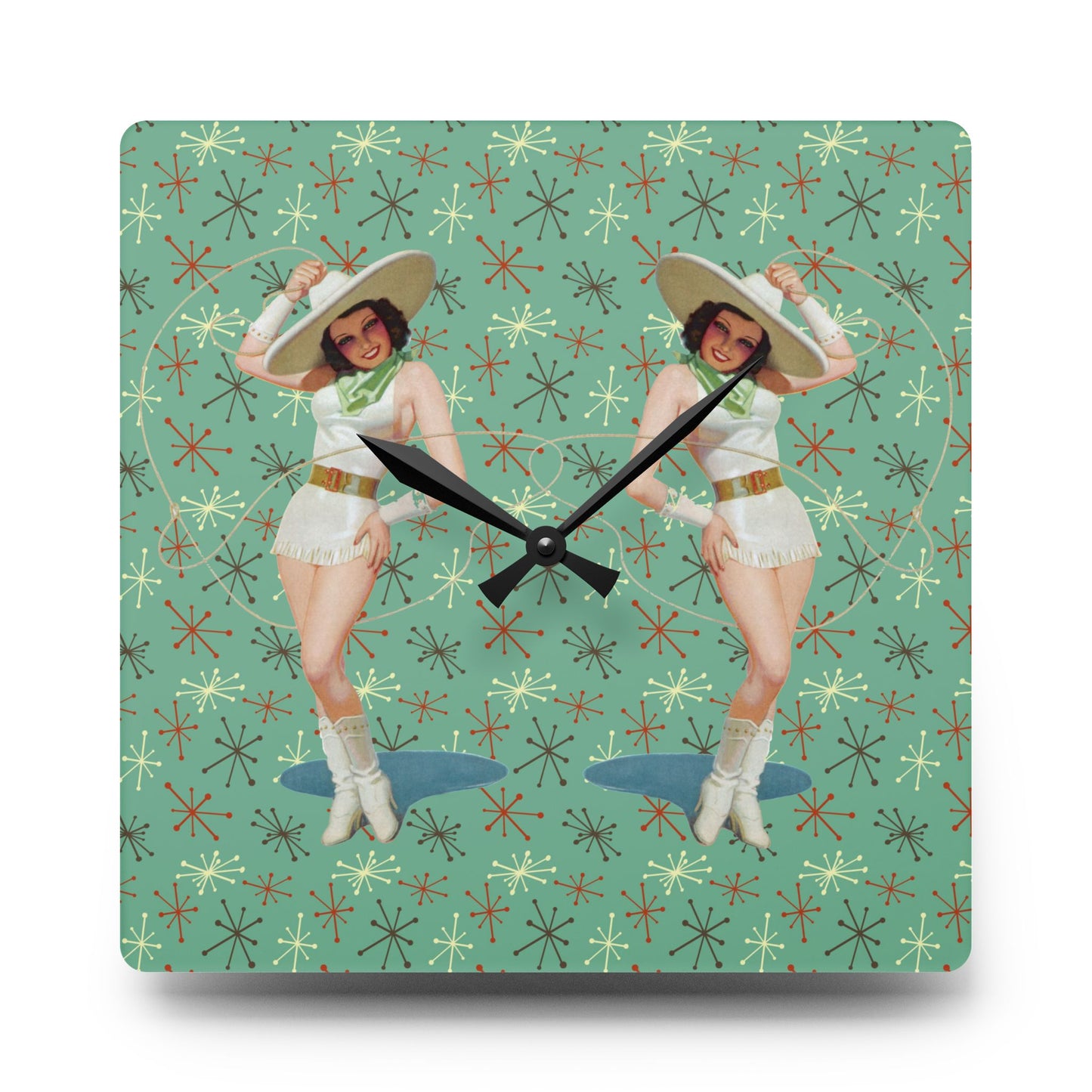 Retro Pin Up Girls Double Trouble Cowgirls Mid Century Mod Acrylic Wall Clock