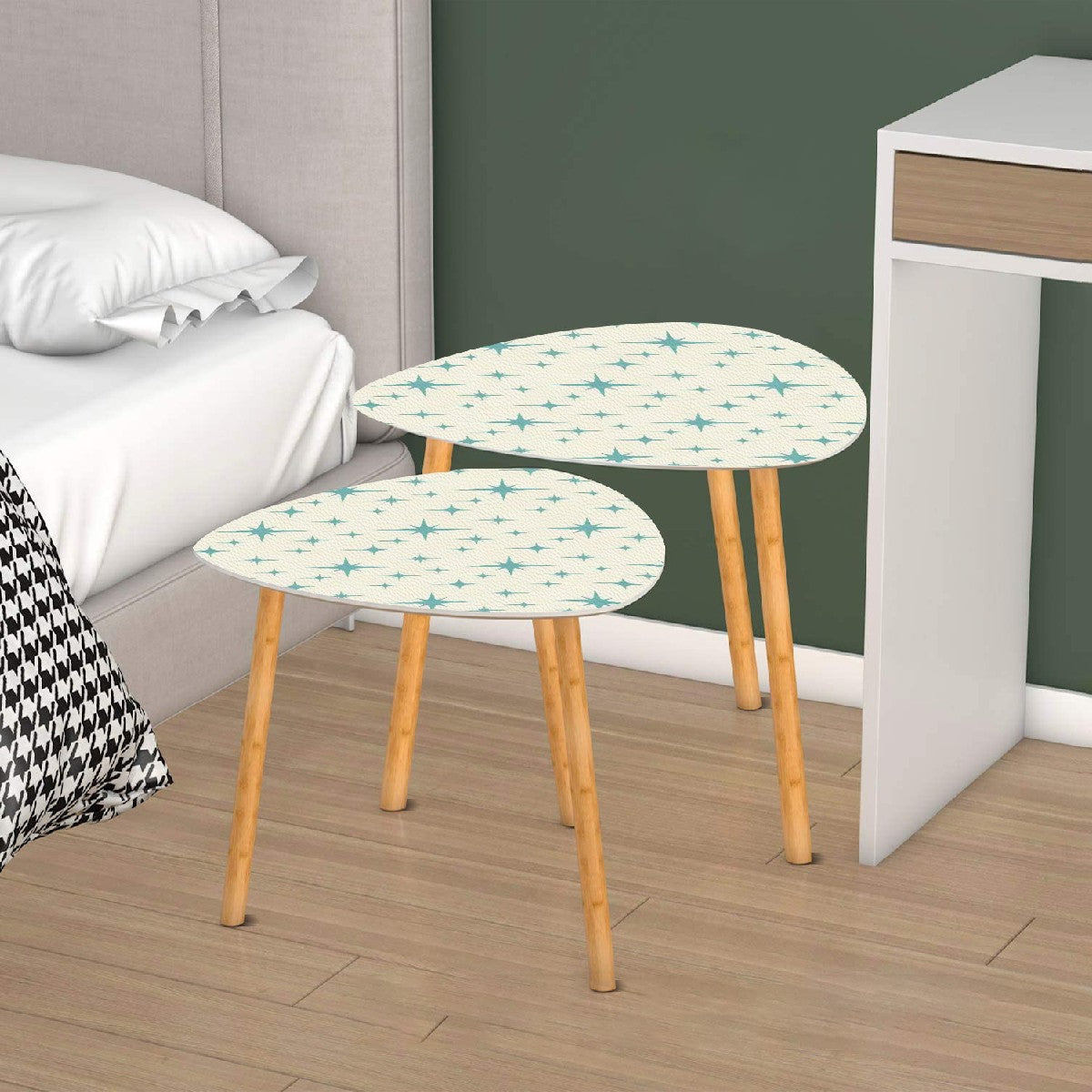 Retro 50s Atomic Starburst Mid Century Mod Blue and Off-White Nesting Accent Tables