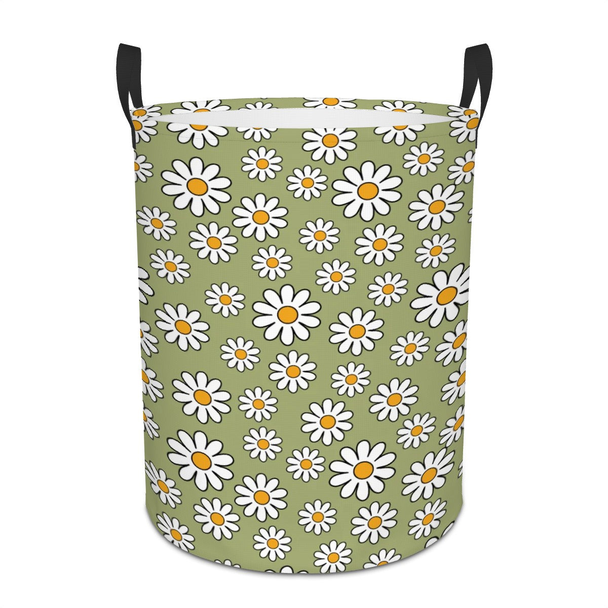 Retro 60s Boho Daisy Sage Green MCM Round Laundry Hamper