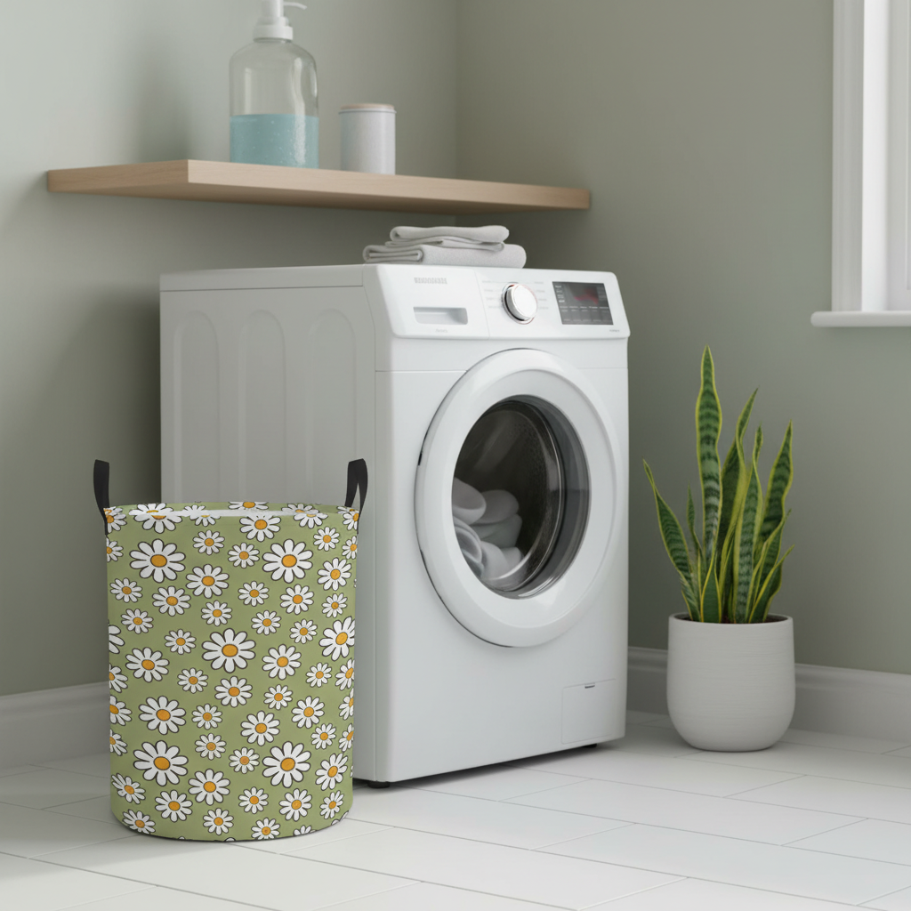 Retro 60s Boho Daisy Sage Green MCM Round Laundry Hamper