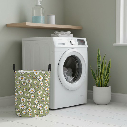 Retro 60s Boho Daisy Sage Green MCM Round Laundry Hamper