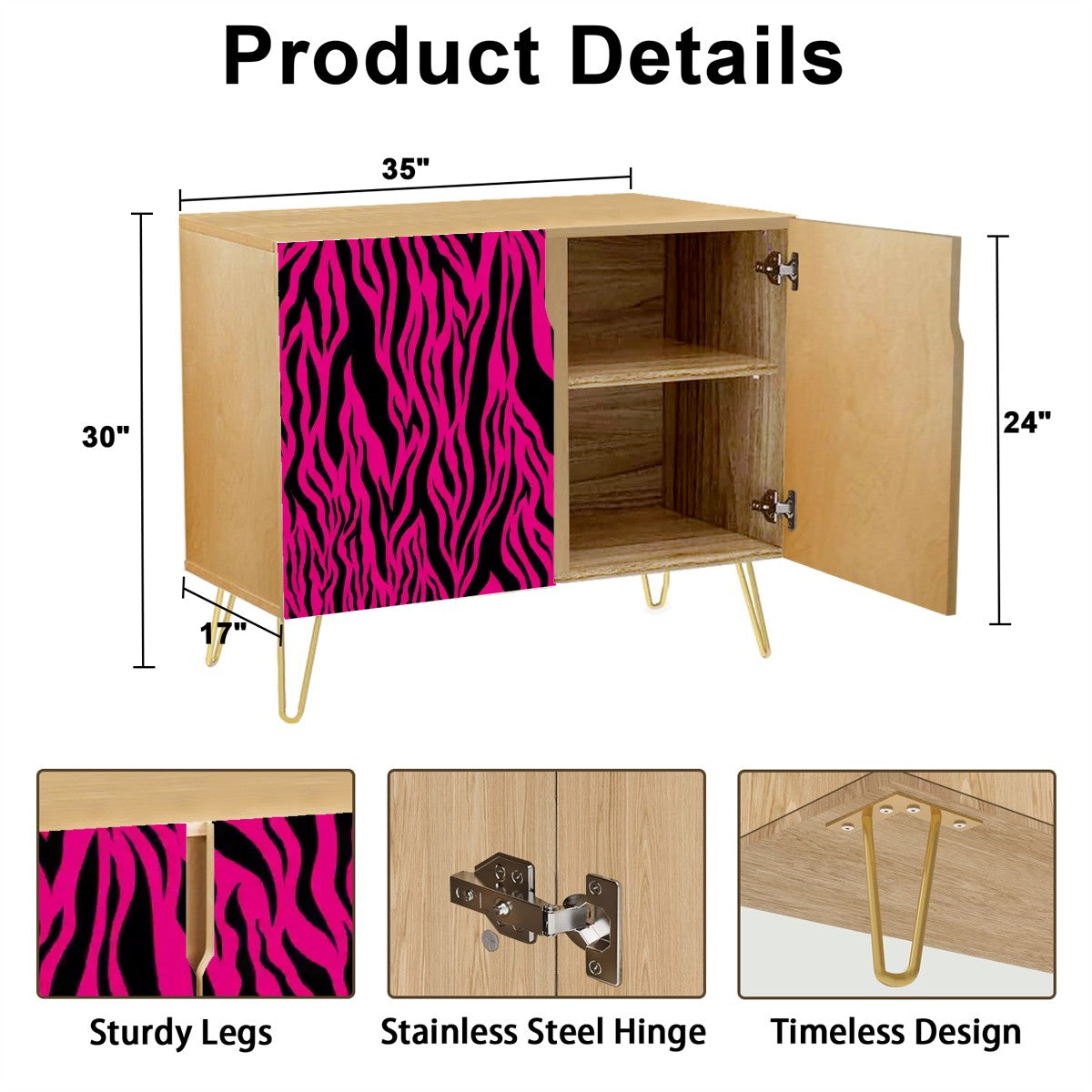 Pink & Black Tiger Stripe Animal Print MCM Sideboard, Credenza, Wooden Storage Cabinet