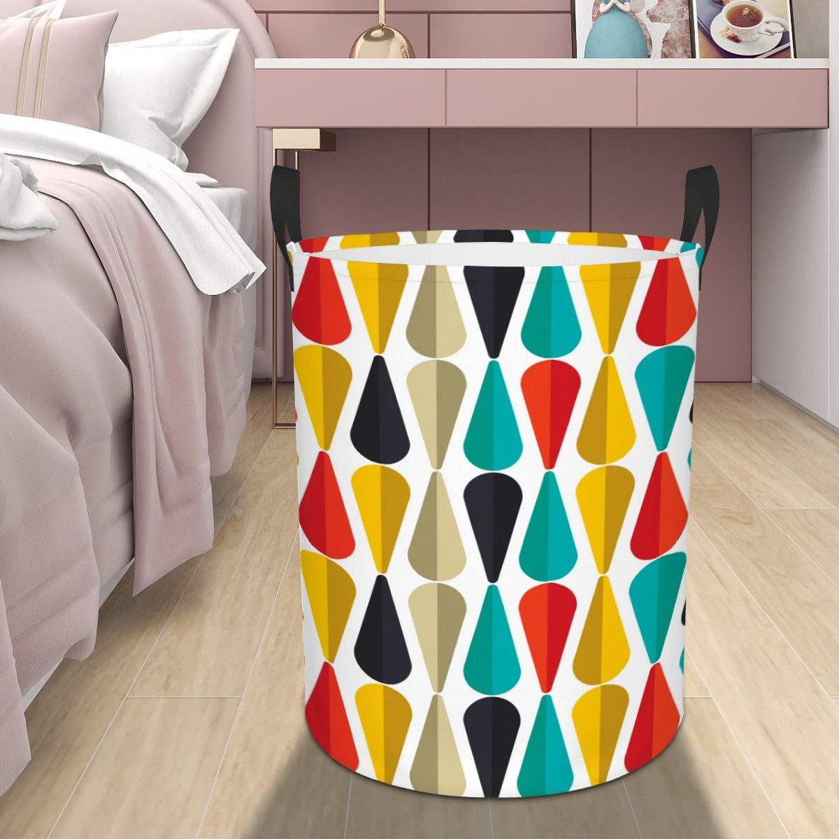 Retro 50s Mid Century Mod Bold Geometric Multicolor Round Laundry Hamper