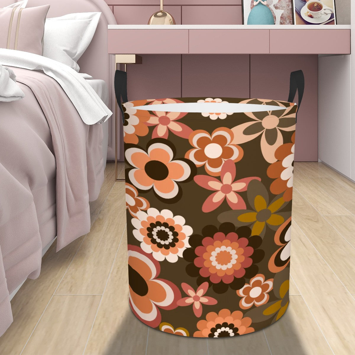 Retro 60s 70s Groovy Flowers Boho Brown and Coral MCM Round Laundry Hamper