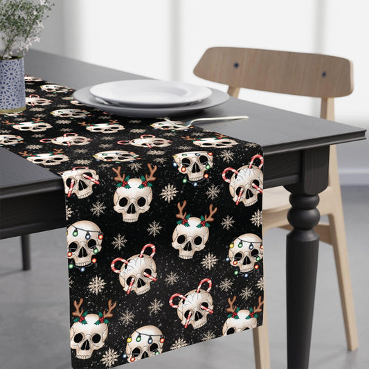 Goth Christmas Skull, Kitschy Creepmas Whimsical Gothmas, Black Holiday Table Runner | lovevisionkarma.com