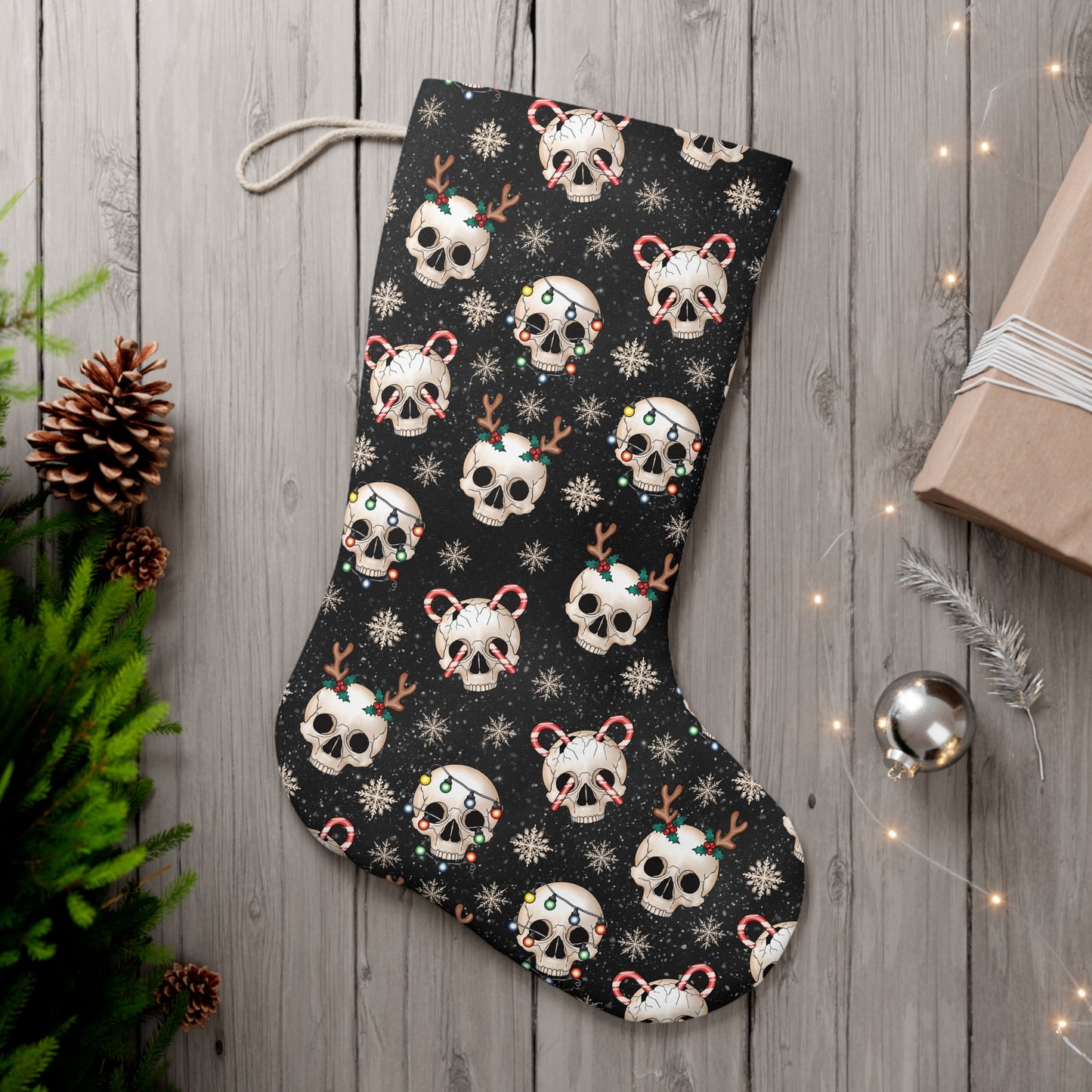 Goth Christmas Skulls, Kitschy Festive Creepmas Black Holiday Stocking