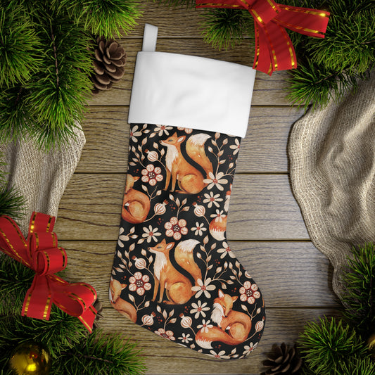 Enchanted Woodland Fox, Floral Dark Cottagecore Watercolor Style, Black Yule Christmas Stocking