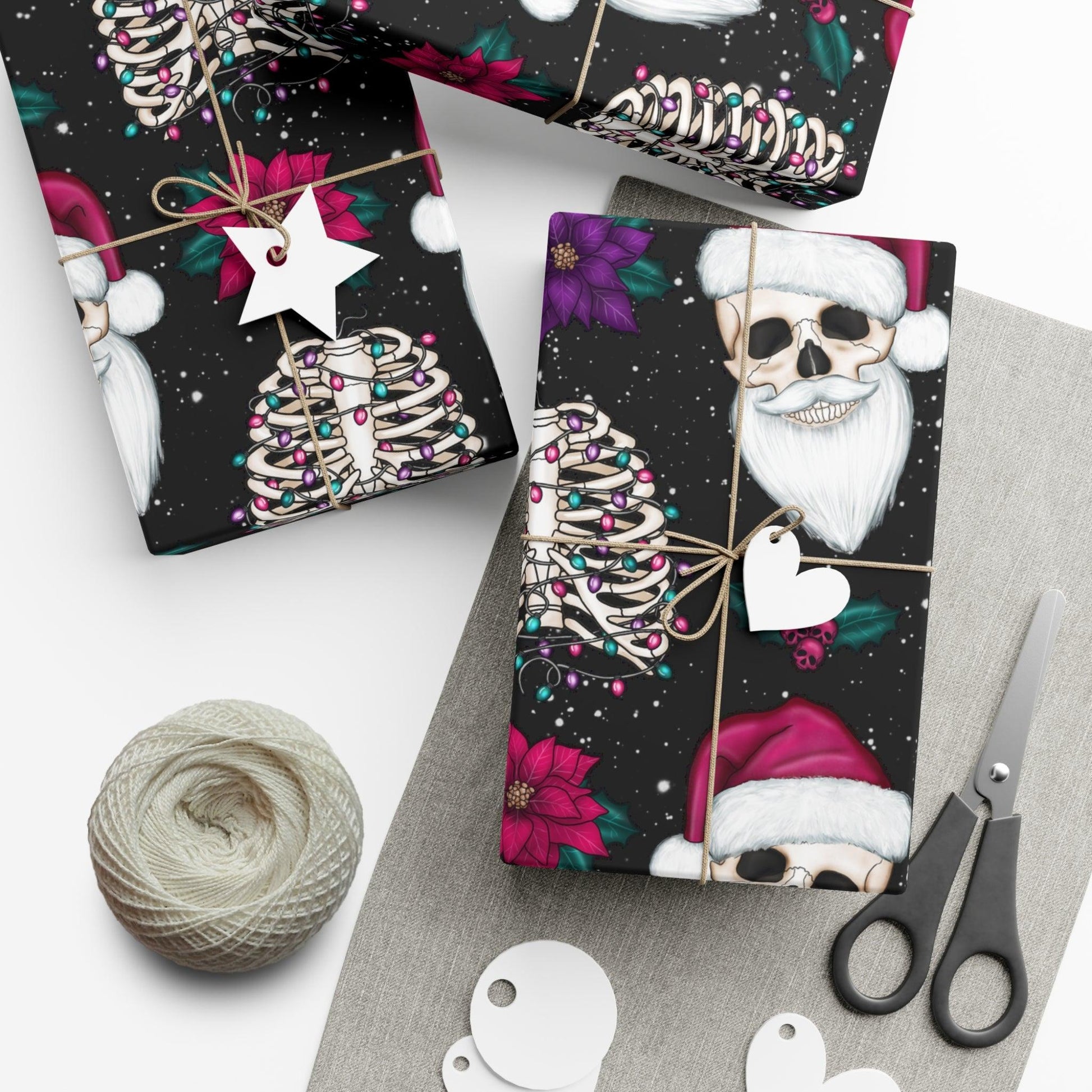 Santa Skull Goth Christmas Eco-Friendly Black Wrapping Paper, Kitschy Creepmas Whimsigoth | lovevisionkarma.com