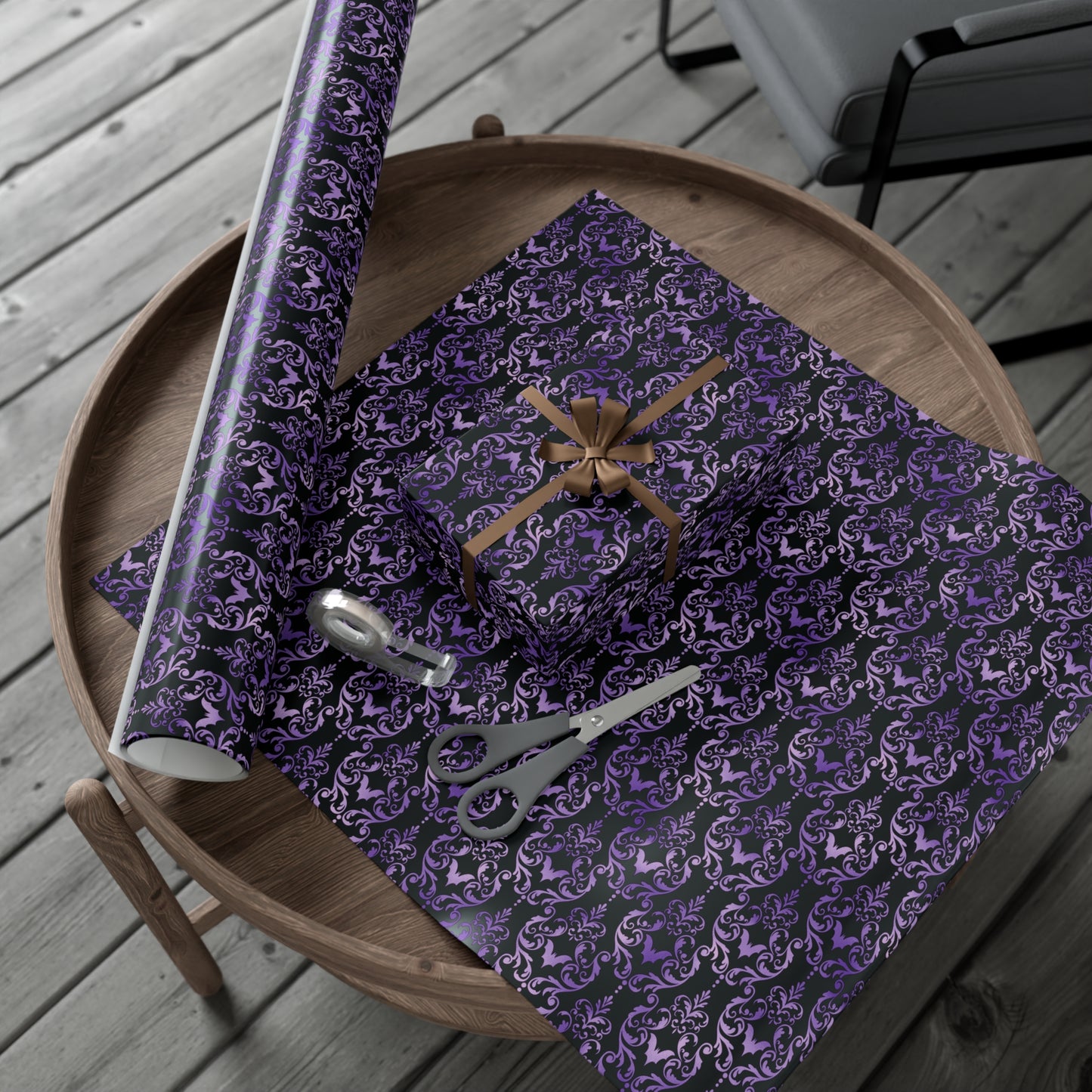 Purple Damask Bats, Victorian Goth Inspired, Dark Academia Goth Christmas & Creepmas Glam Goth Black Gift Wrap Paper