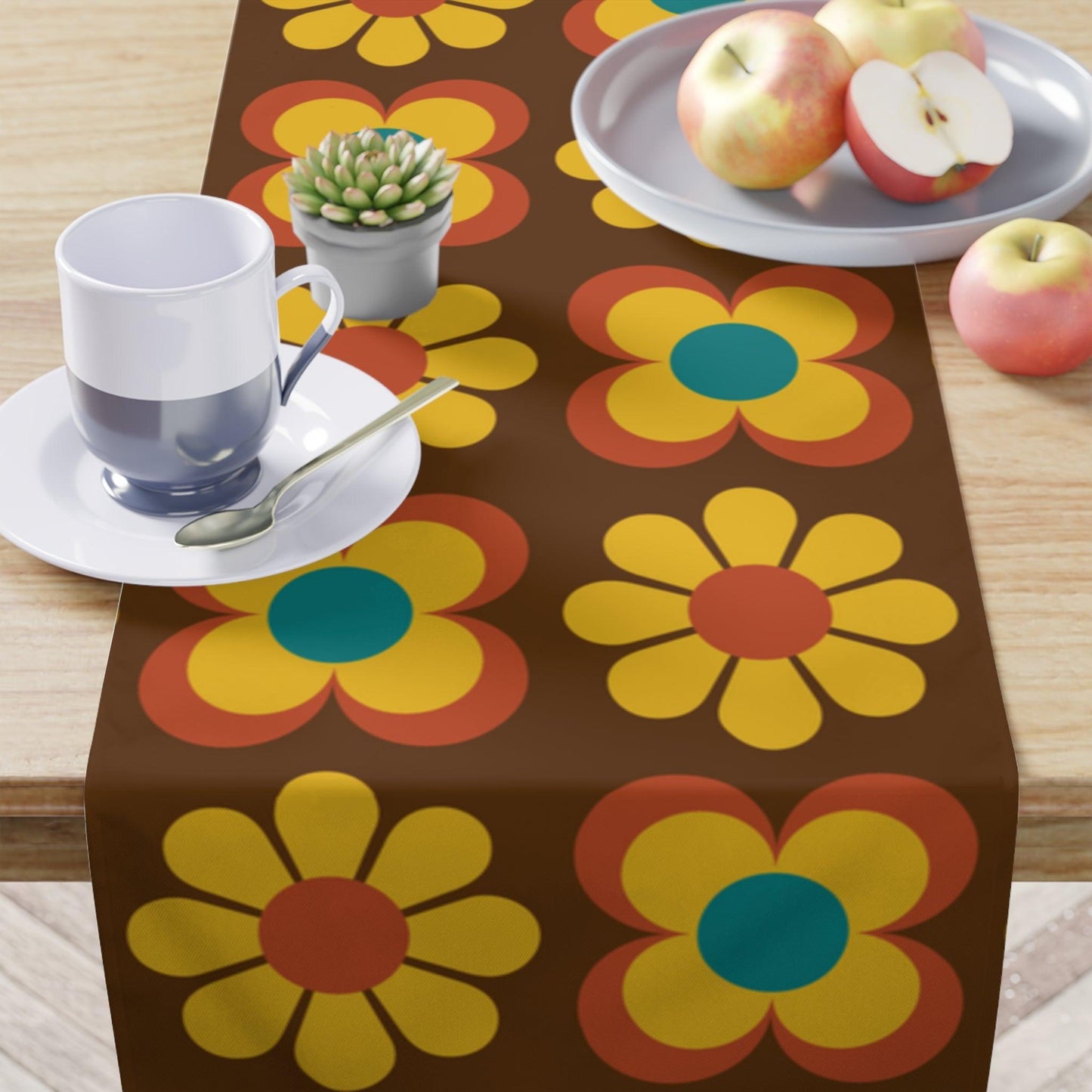 Retro 60s 70s Mod Flowers Brown, Orange & Yellow MCM Table Runner | lovevisionkarma.com