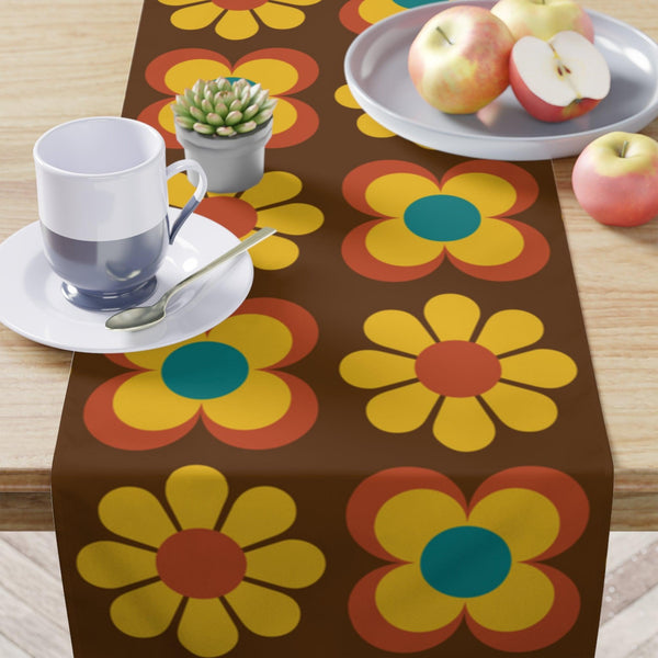 Retro 60s 70s Mod Flowers Brown, Orange & Yellow MCM Table Runner