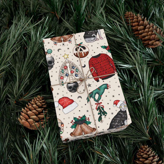 Goth Christmas Kitsch Skulls, Cats & Zombie Hands Multicolor Eco-Friendly Gift Wrap Paper | lovevisionkarma.com
