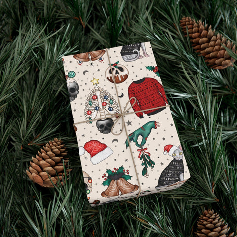 Goth Christmas Kitsch Skulls, Cats & Zombie Hands Multicolor Eco-Friendly Gift Wrap Paper