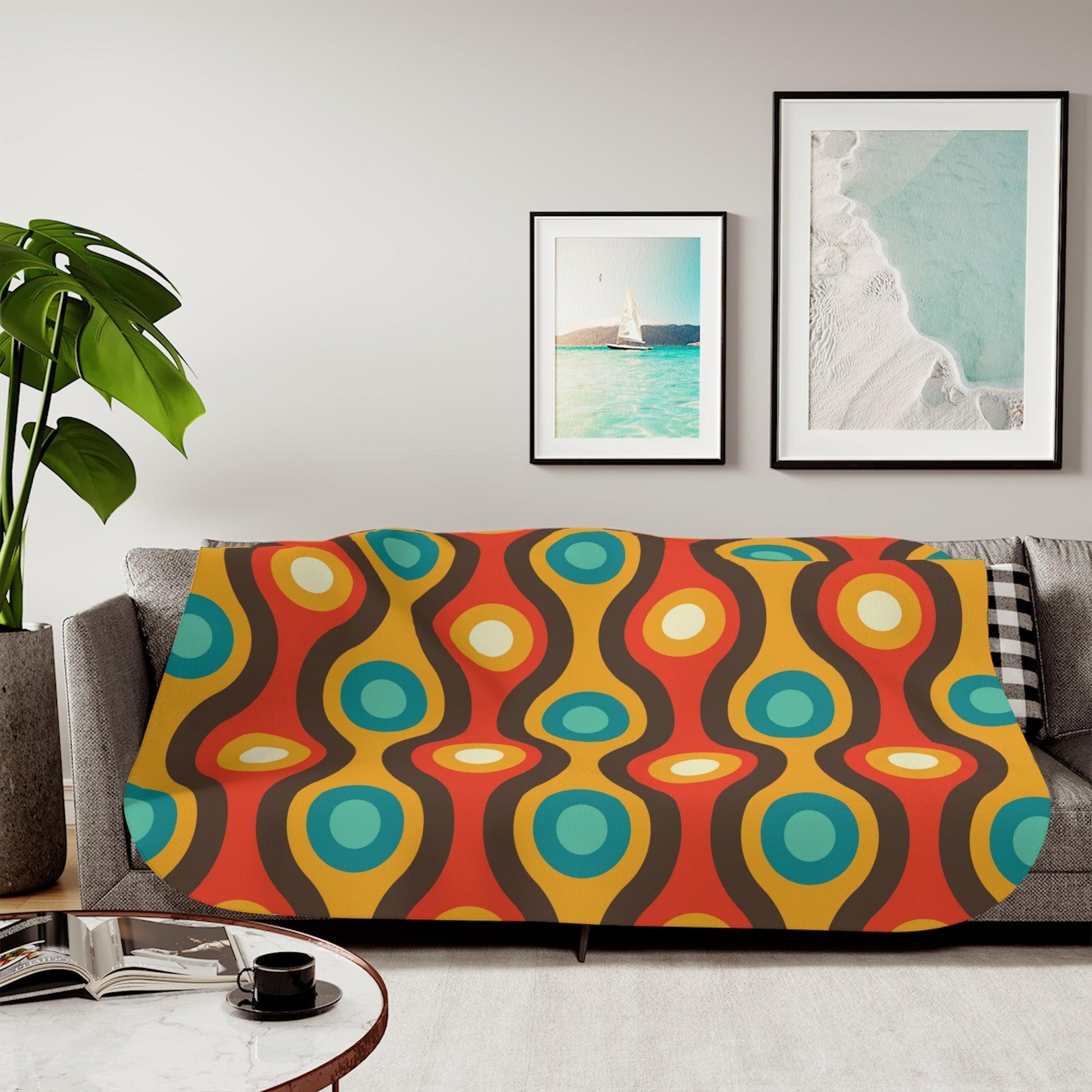 Retro 60s 70s Mid Century Mod Waves & Circles, Orange & Brown Sherpa Blanket | lovevisionkarma.com