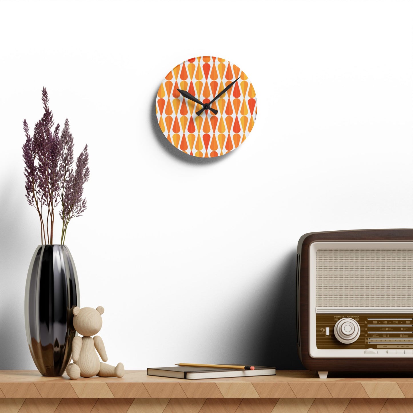 Retro 60s 70s Mid Century Modern Geometric Orange and Yellow Acrylic Wall Clock