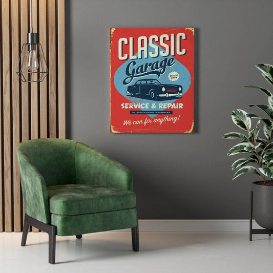 Retro 1950's Classic Car Garage Sign Mid Century Modern Orange & Blue Canvas Wall Art