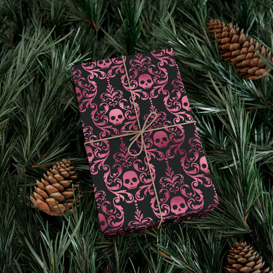 Pink Damask Skulls, Victorian Goth, Dark Academia, Goth Christmas & Creepmas Glam Black Eco-Friendly Gift Wrap Paper