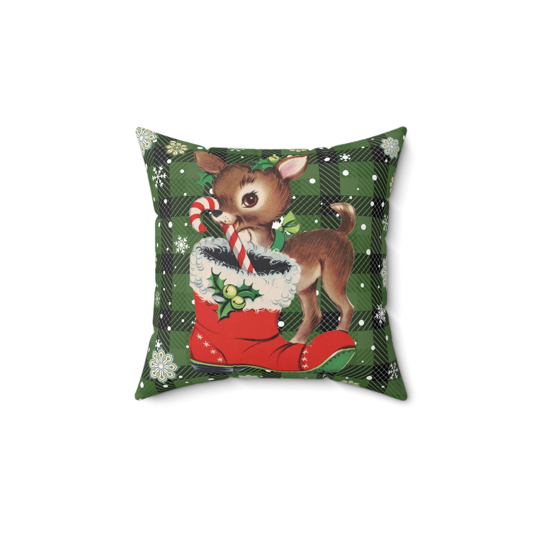 Retro 50s Christmas Vintage Reindeer MCM Green Throw Pillow