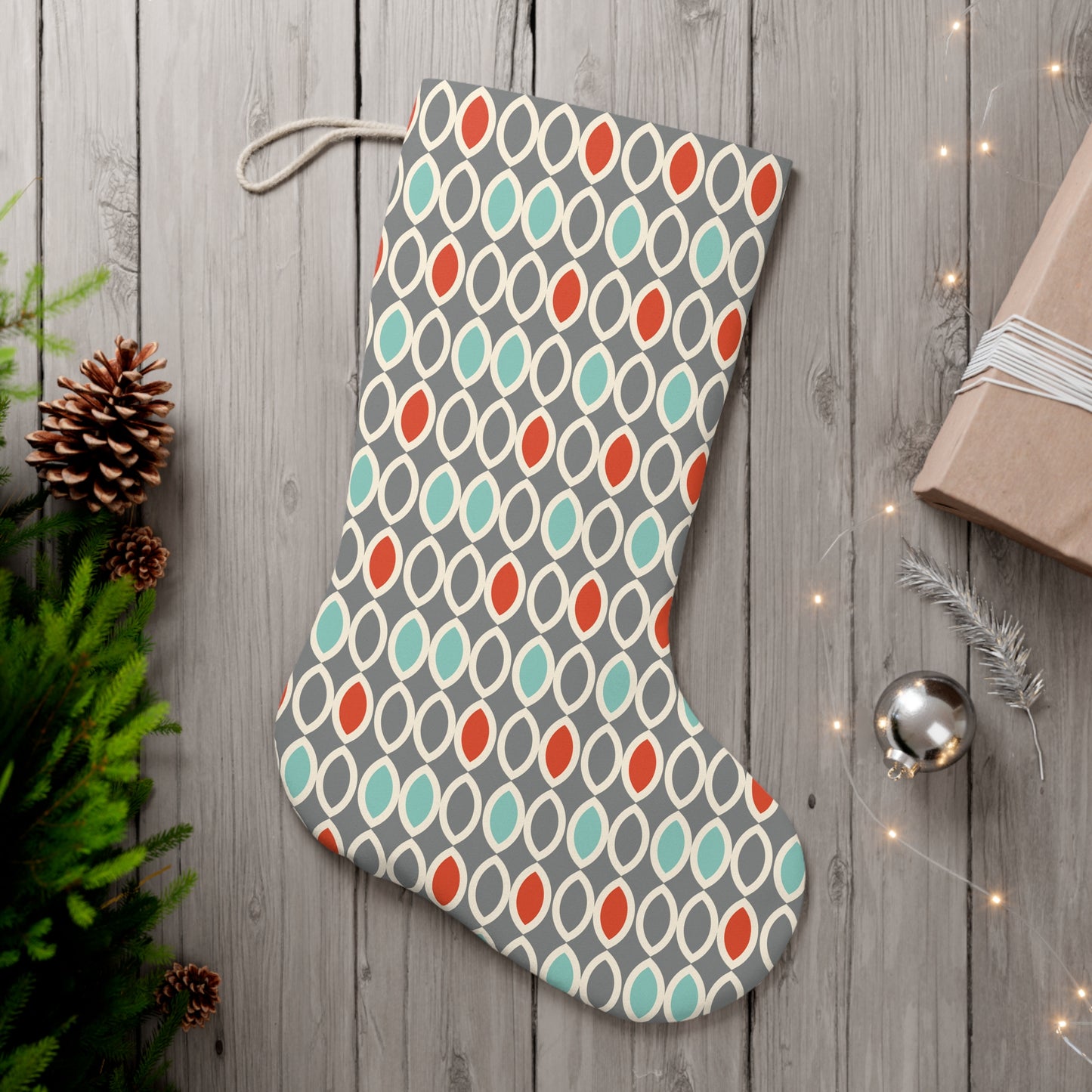 Retro Mid Century Mod Ovals, Gray, Blue and Orange Christmas Stocking