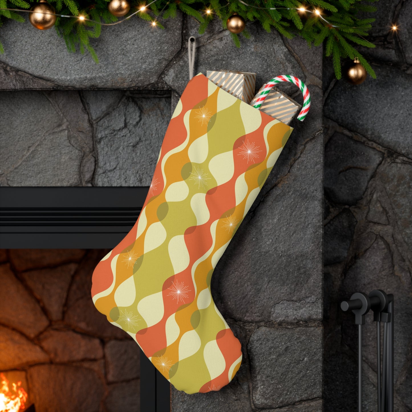 Retro Mid Century Mod Abstract Green, Orange & Mustard Christmas Stocking