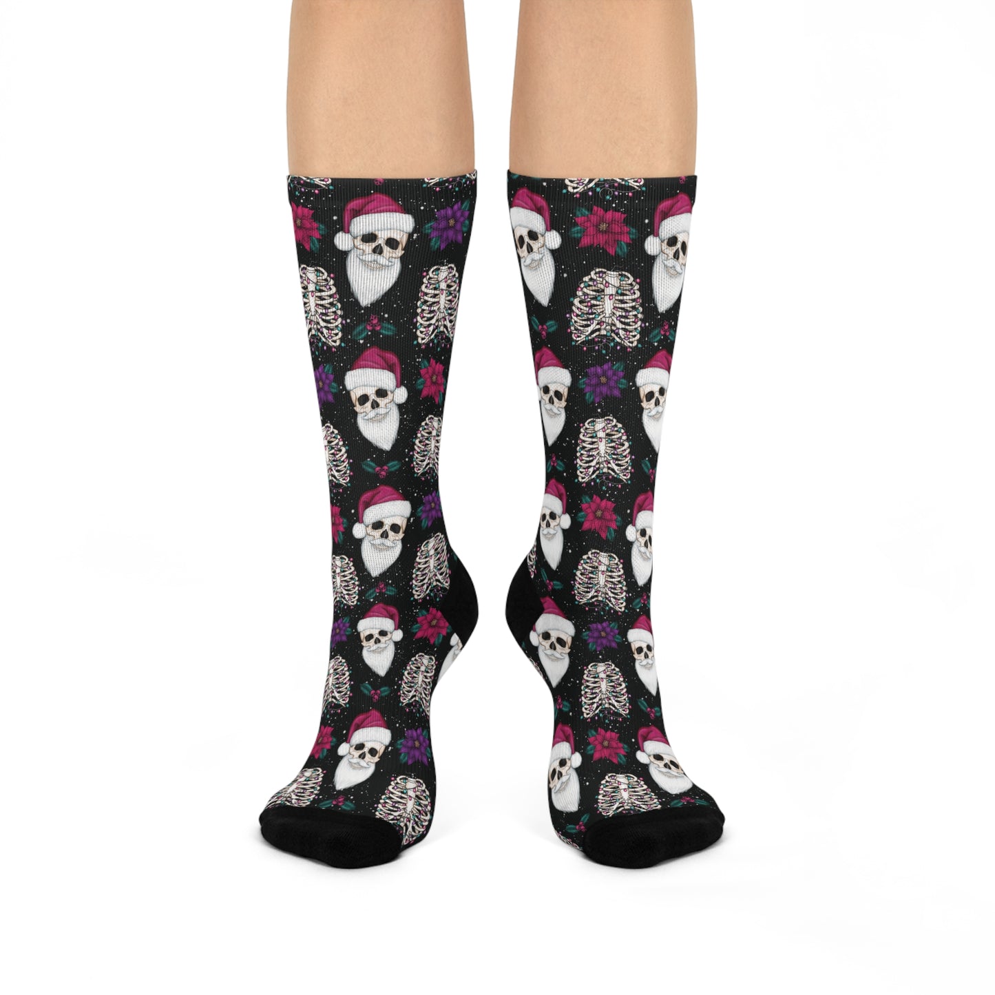 Skull Santa Goth Christmas Creepy Scary Black Creepmas Holiday Cushioned Crew Socks