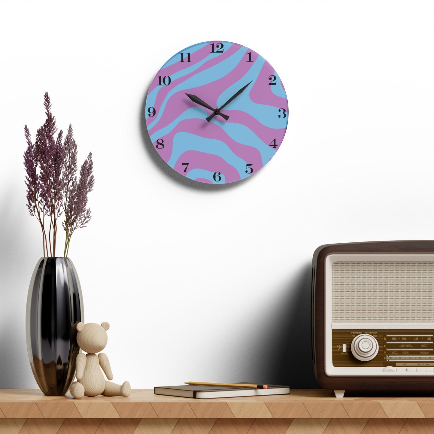 Retro Y2K Psychedelic Groovy Swirl Blue & Purple Mid Century Mod Acrylic Wall Clock